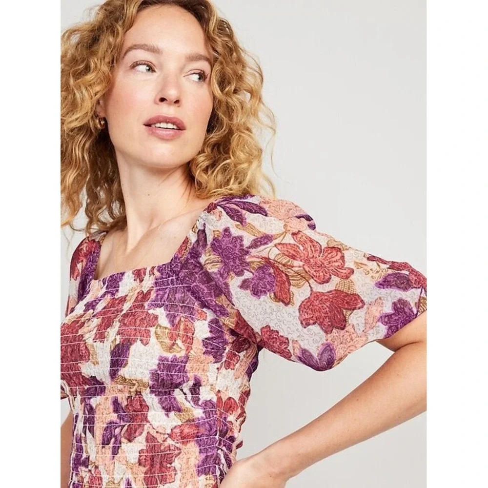 Old Navy Womens 2X Floral Smocked Puff Sleeve‎ Square Neck Blouse Purple Red